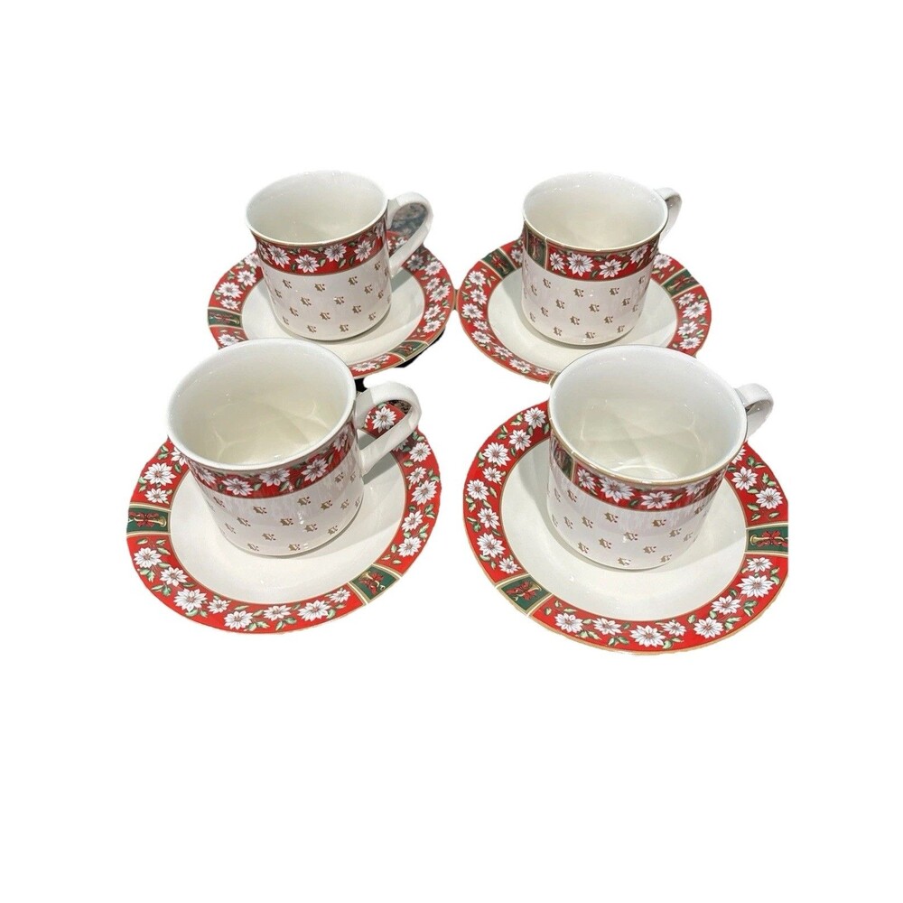 Charlton Hall Kobe Classic Traditions Christmas Cups Saucers Poinsettias Tea Cup